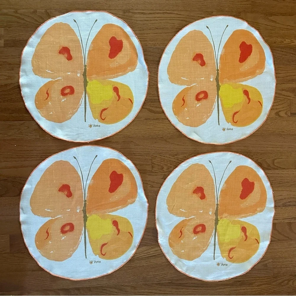Set of 8 Vintage Vera Neumann Placemats Butterfly MCM Signed Retro Orange Cottag